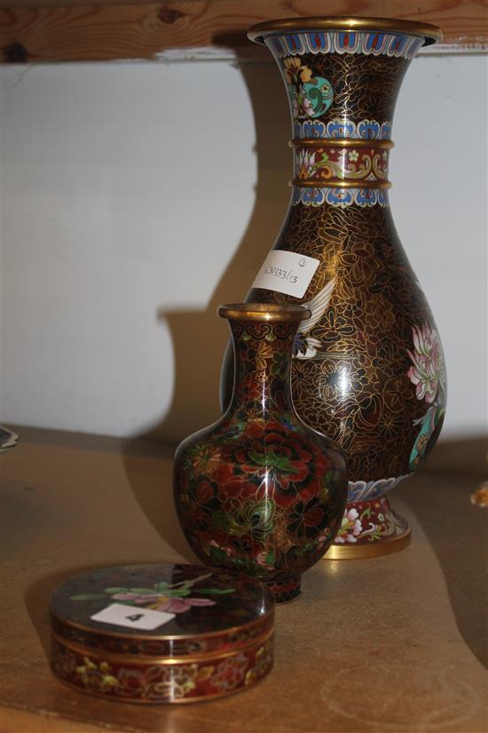 2 cloisonne vases & 1 pot